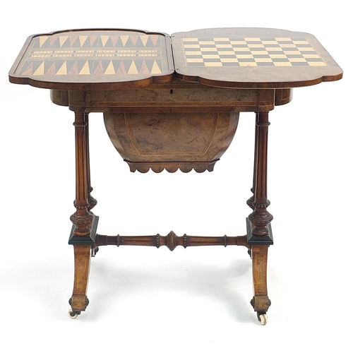 821 - Victorian inlaid burr walnut games table with hinged swivel top revealing chess, backgammon and a cr... 