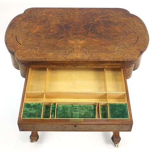 821 - Victorian inlaid burr walnut games table with hinged swivel top revealing chess, backgammon and a cr... 