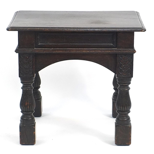 880 - Antique carved oak stool, 51.5cm H x 57cm W x 37.5cm D