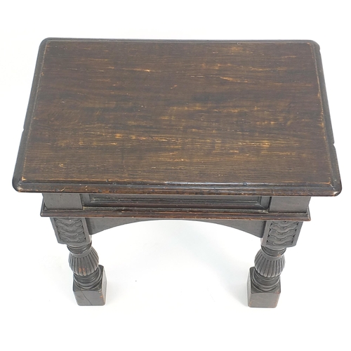 880 - Antique carved oak stool, 51.5cm H x 57cm W x 37.5cm D