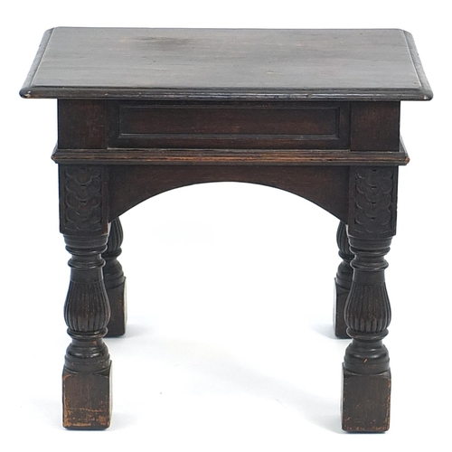 880 - Antique carved oak stool, 51.5cm H x 57cm W x 37.5cm D