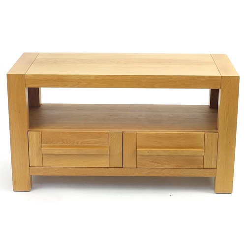 854 - Contemporary light oak stand with two frieze drawers, 55.5cm H x 100cm W x 42.5cm D