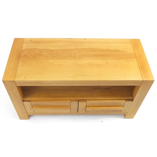 854 - Contemporary light oak stand with two frieze drawers, 55.5cm H x 100cm W x 42.5cm D