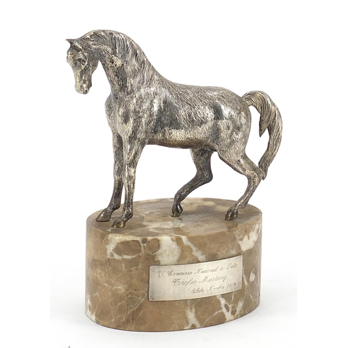 2279 - Spanish silver plated equestrian interest horse trophy raised on an oval marble base, 19.5cm high