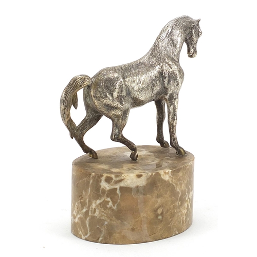 2279 - Spanish silver plated equestrian interest horse trophy raised on an oval marble base, 19.5cm high