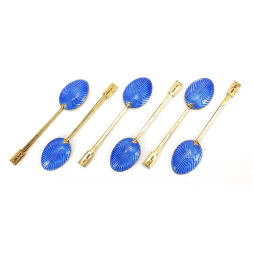 2213 - Marson & Jones, set of six George V silver gilt and blue guilloche enamel teaspoons, Birmingham 1934... 