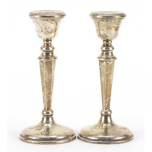 2265 - John Evans Second, pair of Edwardian silver circular based tapering candlesticks, London 1904, 15.2c... 