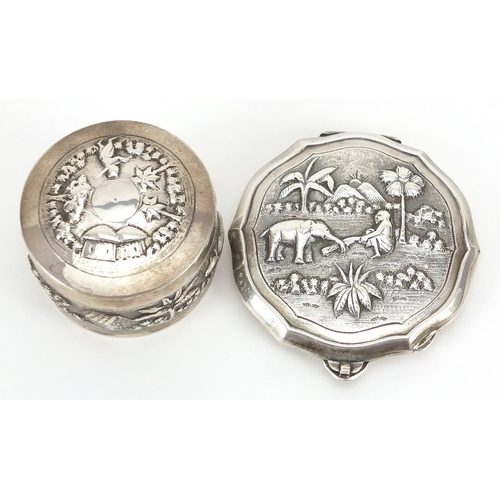 2271 - Indian sterling silver circular box and cover and compact, each embossed with figures and animals, t... 