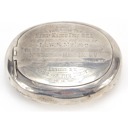 1581 - Hamilton & Inches military interest squeeze action snuff box engraved presented to Sergeant Major Fi... 