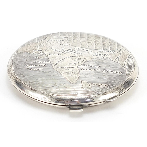 2273 - Indian sterling silver compact engraved with a map of Central Provinces, 7.5cm in diameter, 101.8g