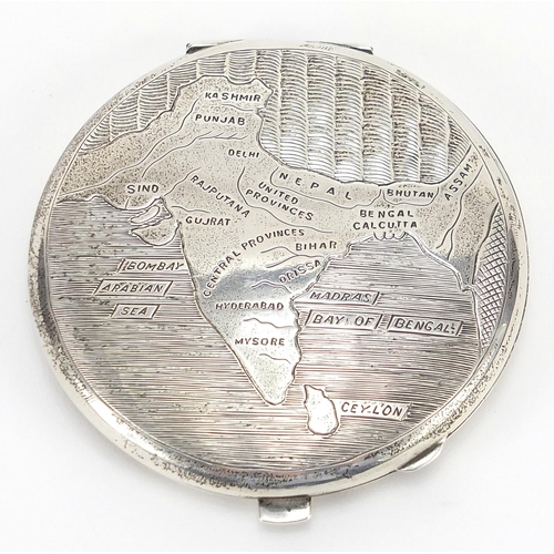 2273 - Indian sterling silver compact engraved with a map of Central Provinces, 7.5cm in diameter, 101.8g