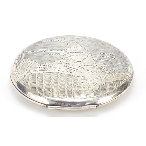 2273 - Indian sterling silver compact engraved with a map of Central Provinces, 7.5cm in diameter, 101.8g