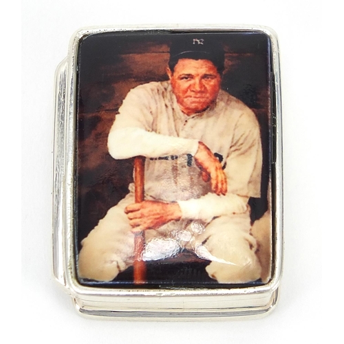 2233 - Rectangular sterling silver enamel pill box with hinged lid decorated with a baseball player, 3.2cm ... 