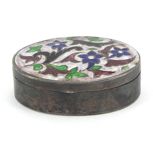 2288 - Oval unmarked silver and enamel pill box with hinged lid, 4cm wide, 17.2g