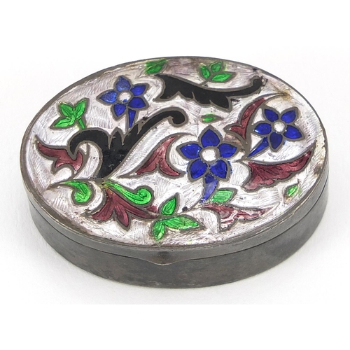 2288 - Oval unmarked silver and enamel pill box with hinged lid, 4cm wide, 17.2g