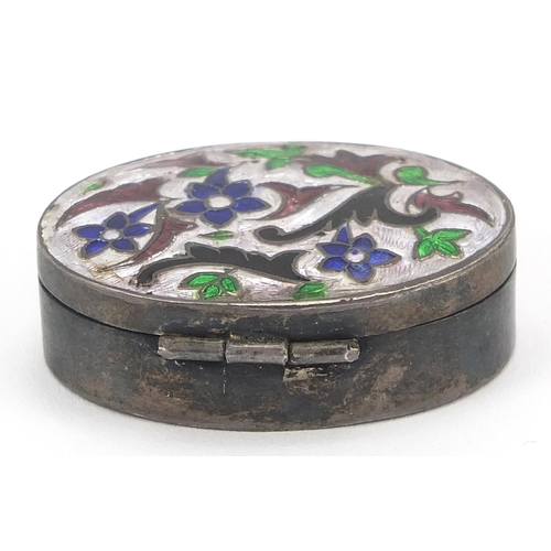 2288 - Oval unmarked silver and enamel pill box with hinged lid, 4cm wide, 17.2g