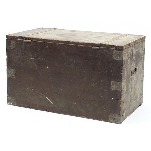 826 - Victorian military interest metal bound pine trunk, 53cm H x 91cm W x 51cm D