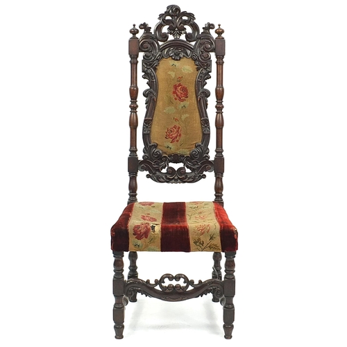 877 - Victorian mahogany high back chair with needlepoint upholstered back and seat profusely carved with ... 