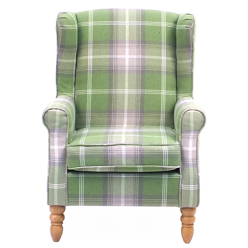 871 - Dunelm Mill wingback armchair with green checked upholstery, 98cm high