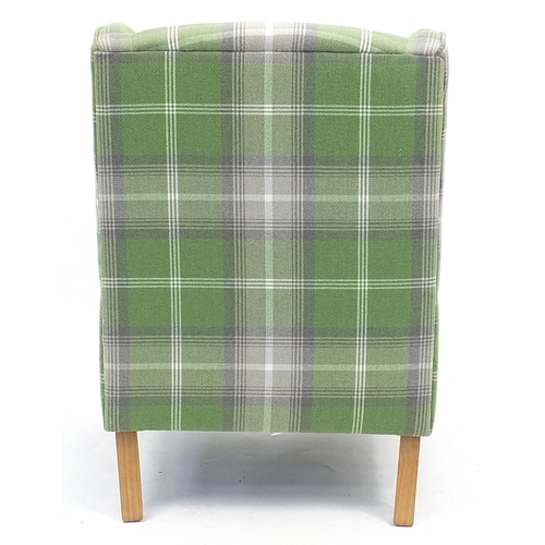 871 - Dunelm Mill wingback armchair with green checked upholstery, 98cm high