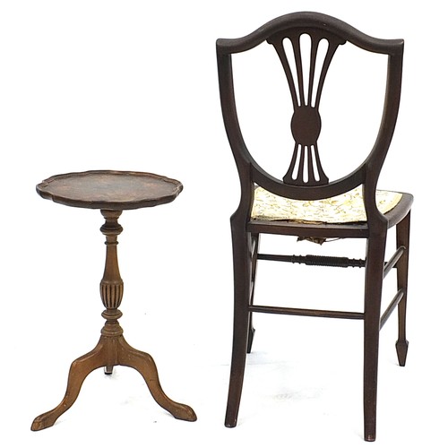 894 - Edwardian inlaid mahogany occasional chair and tripod wine table with quarter veneered top, the larg... 