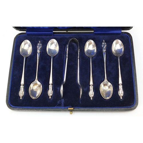 2231 - Barker Brothers, set of six George V silver apostle teaspoons and sugar tongs housed in a velvet and... 