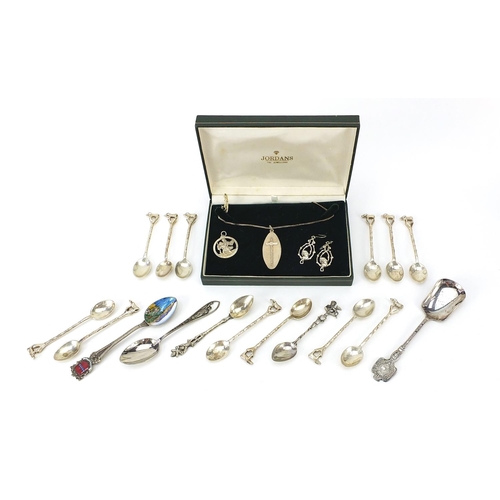 2266 - Silver spoons and jewellery including a set of twelve teaspoons with water buffalo terminals and a s... 