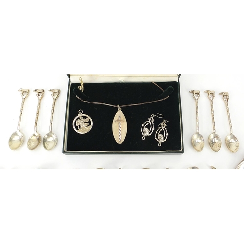 2266 - Silver spoons and jewellery including a set of twelve teaspoons with water buffalo terminals and a s... 