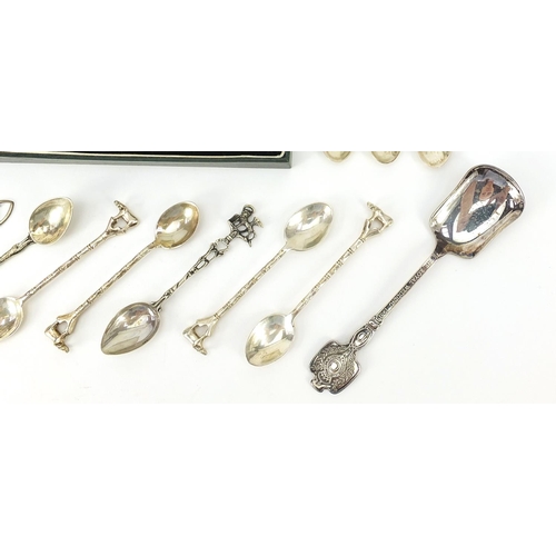 2266 - Silver spoons and jewellery including a set of twelve teaspoons with water buffalo terminals and a s... 