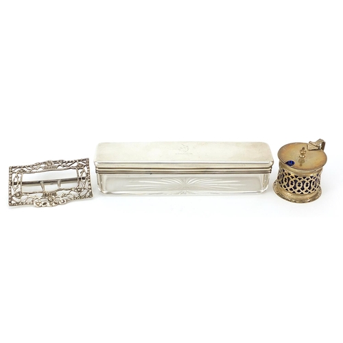 2291 - Silver objects comprising rectangular glass jar with silver lid retailed by Asprey, belt buckle and ... 