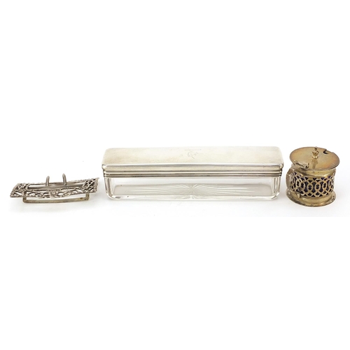 2291 - Silver objects comprising rectangular glass jar with silver lid retailed by Asprey, belt buckle and ... 