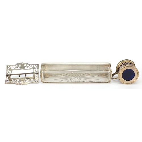 2291 - Silver objects comprising rectangular glass jar with silver lid retailed by Asprey, belt buckle and ... 