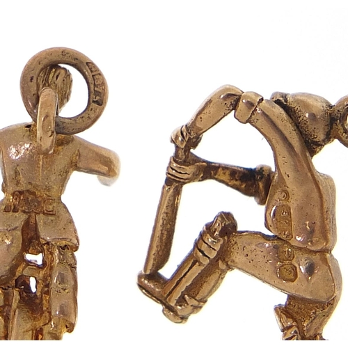 1748 - Four 9ct gold charms comprising cricketer, man on a unicycle, whistle and pair of shoes, the largest... 