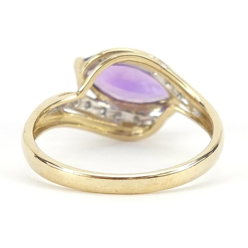 1999 - 9ct gold amethyst and diamond crossover ring, size S, 2.8g