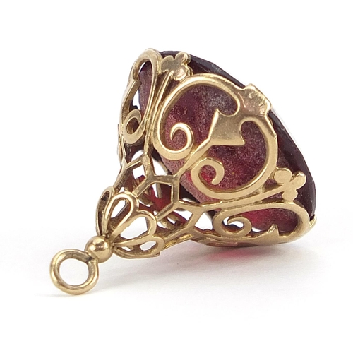 1696 - 9ct gold red stone fob, 2.5cm high, 7.0g