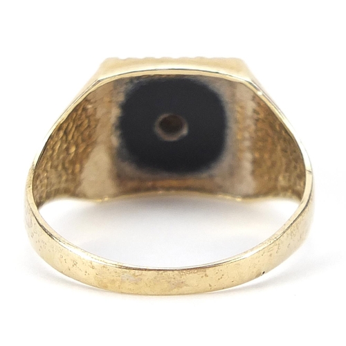 1736 - 9ct gold black onyx signet ring set with a diamond, size S, 2.6g