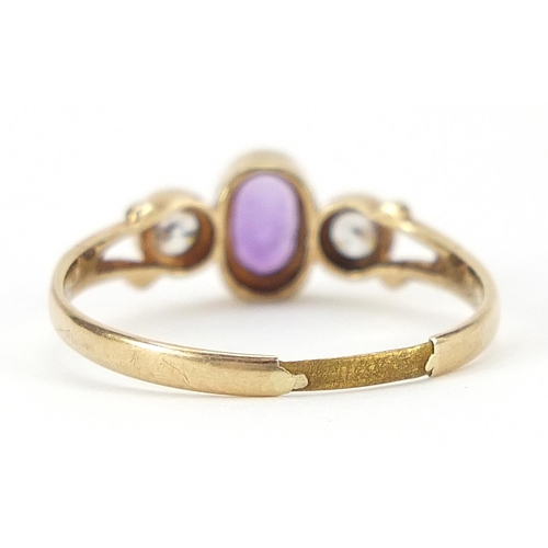 1750 - 9ct gold amethyst and clear stone ring, size Q, 1.7g