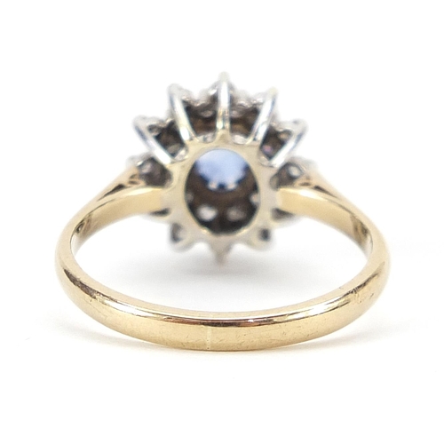 1704 - 9ct gold sapphire and diamond cluster ring, the shank stamped 0.25, size K/L, 2.7g