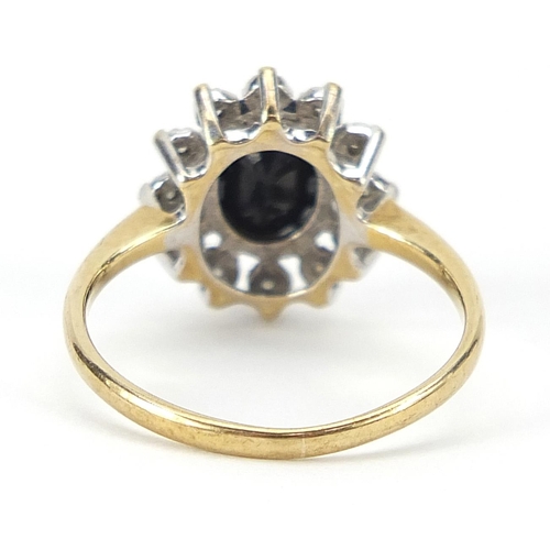 1746 - 9ct gold sapphire and diamond cluster ring, size N, 2.5g