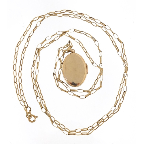 1667 - 9ct gold locket with engraved decoration on 9ct gold Belcher link longuard chain, 3.3cm high and 99c... 