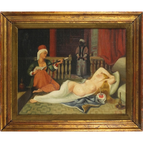 1293 - Reclining nude female with attendants, Arabian school oil on board, mounted and framed, 48cm x 38cm ... 