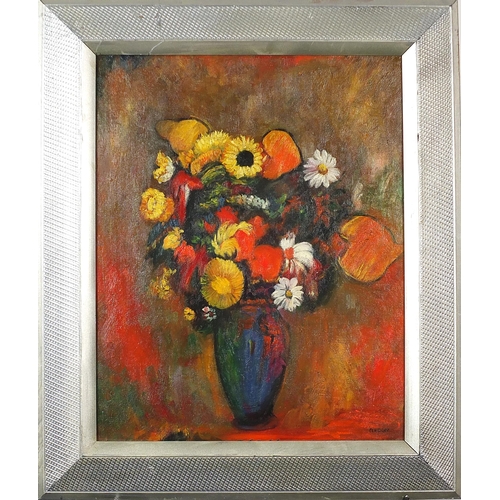 1101 - Still life flowers in a vase, Symbolist school oil on board, mounted and framed, 49cm x 39cm excludi... 