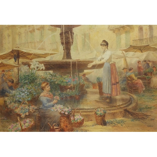 70 - Samuel John Hodson - Flower sellers before a water fountain, Art Nouveau watercolour, indistinctly i... 