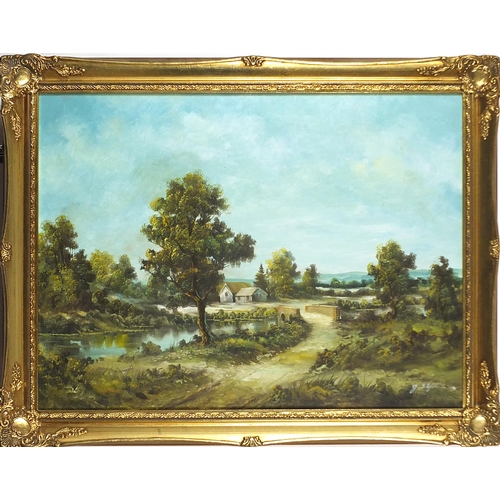 1248 - Rural landscape with cottages, oil on canvas, indistinctly signed, mounted and framed 59cm x 44cm ex... 