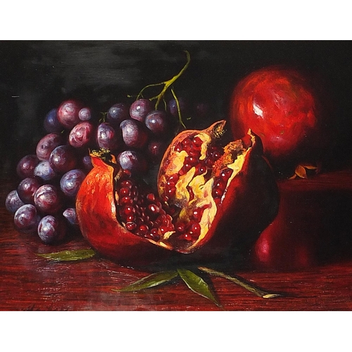 263 - Still life fruit, pair of oil on boards, indistinctly signed, possibly Martin, mounted and framed, e... 