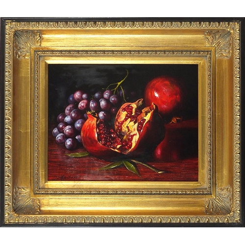 263 - Still life fruit, pair of oil on boards, indistinctly signed, possibly Martin, mounted and framed, e... 