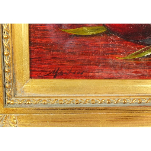 263 - Still life fruit, pair of oil on boards, indistinctly signed, possibly Martin, mounted and framed, e... 