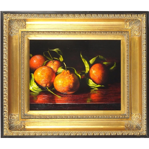 263 - Still life fruit, pair of oil on boards, indistinctly signed, possibly Martin, mounted and framed, e... 