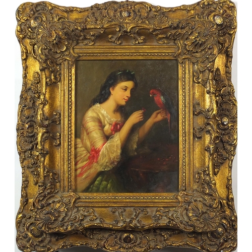 1194 - After Edward John Poynter - Girl with a parrot, oleograph, housed in an ornate gilt frame, 24cm x 19... 