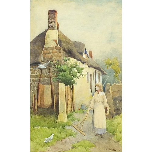 1418 - B Kaufmann - Female and birds before a cottage, watercolour, mounted, framed and glazed, 30cm x 18cm... 